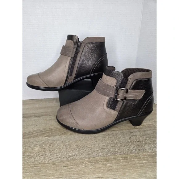 Orthofeet Bioheel Emma Ankle Boots Brown Taupe Leather Buckle Heel Size 9 X-wide - Picture 2 of 16